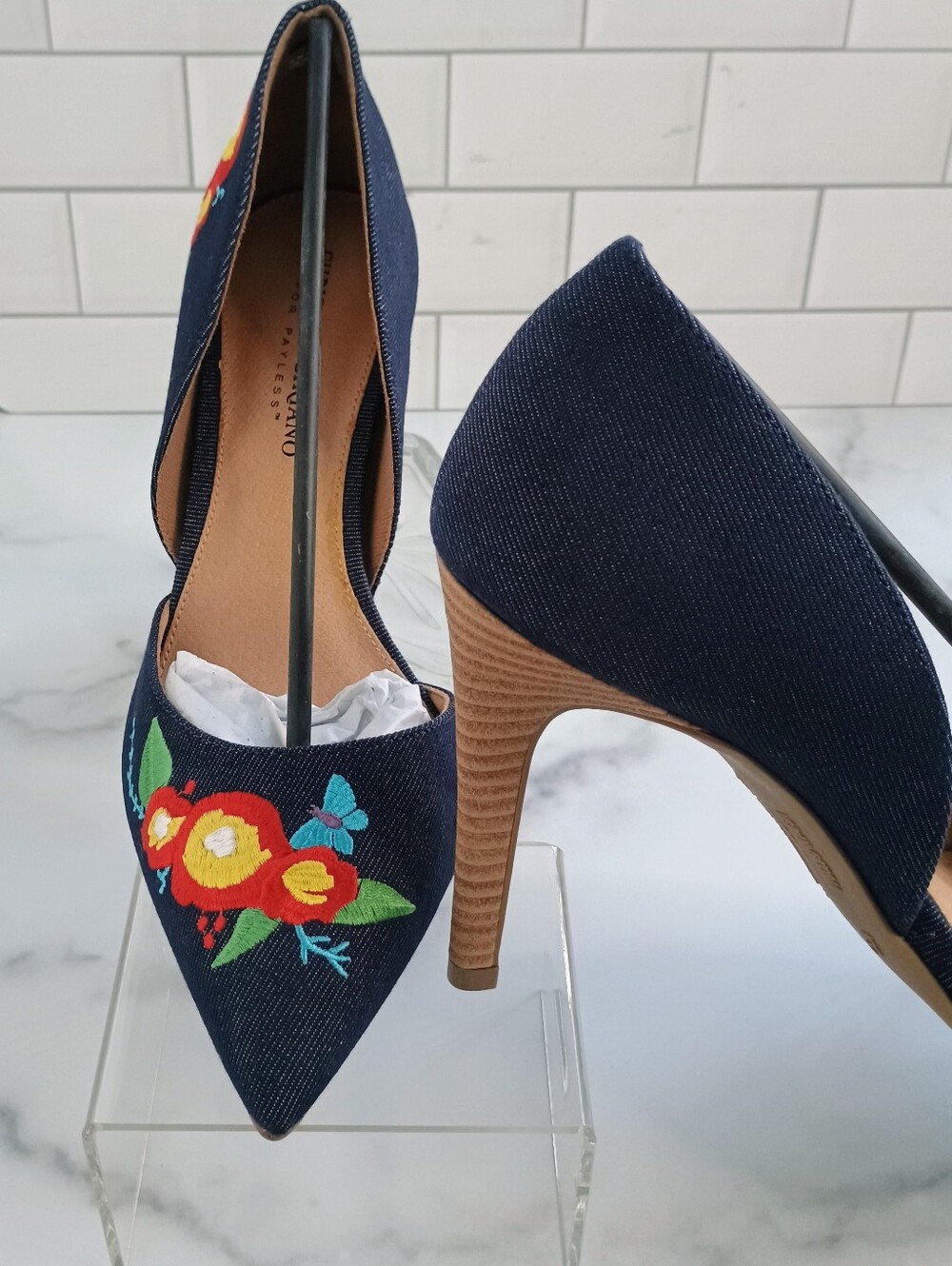 Christian Siriano Dark Denim Embroidered Pointed-Toe d'Orsay Pumps - Picture 5 of 14